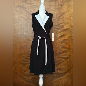 Calvin Klein Sleeveless Color Block Wrap Dress Womens 8 Black & White Belted NWT